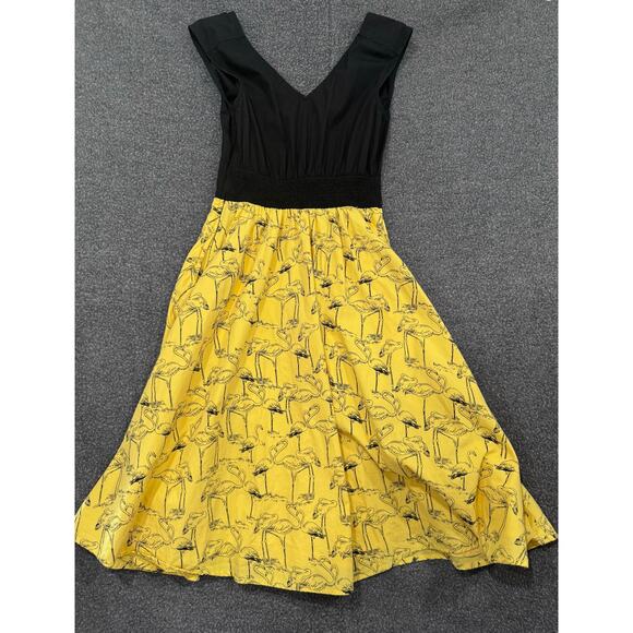 eShakti Black & Yellow Flamingo Print Pin Up Dress Small 6 V-Neck Sleeveless - Picture 1 of 9